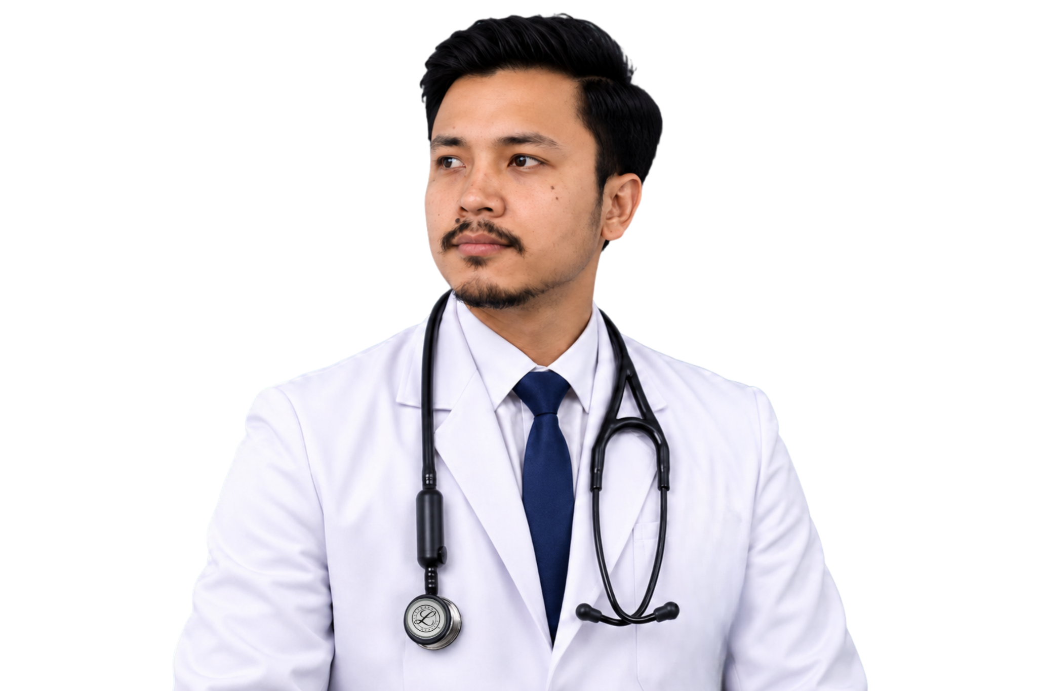 Jimi S. wearing a white medical coat and stethoscope